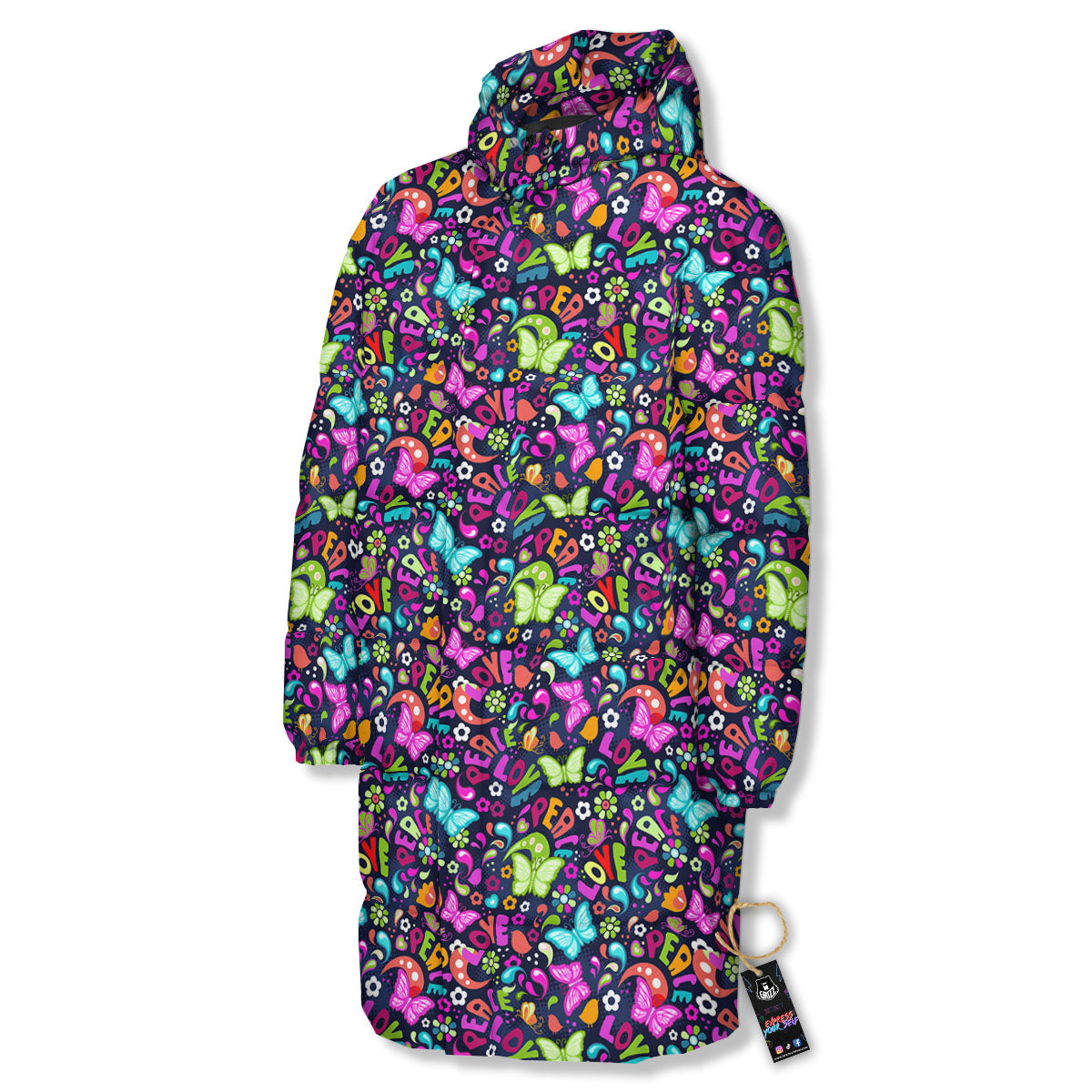 Peace Groovy Girly Print Pattern Long Down Jacket-grizzshop