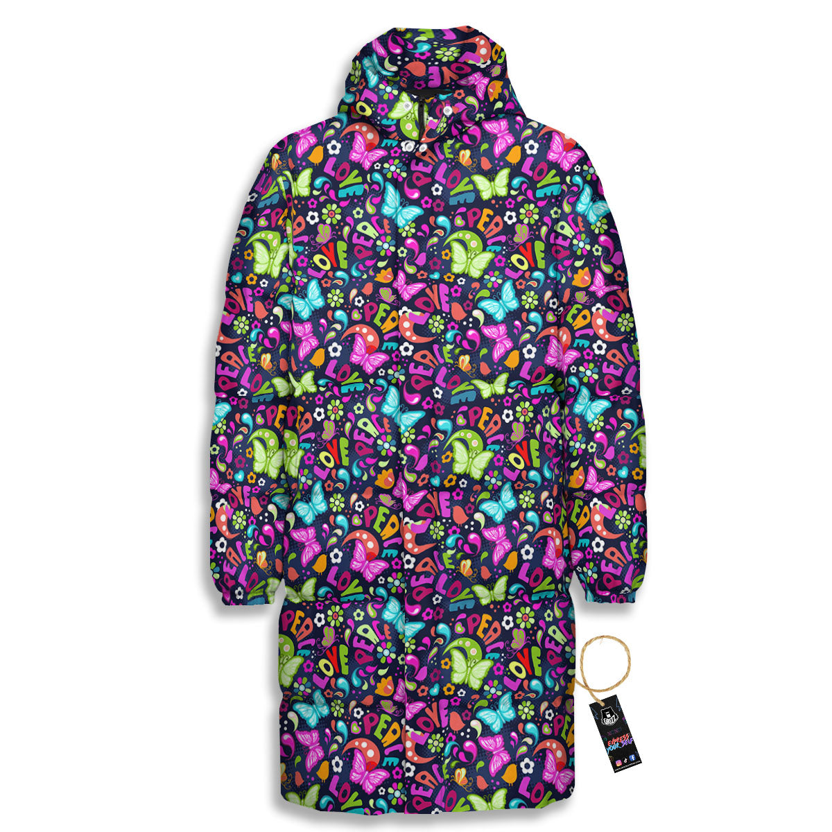 Peace Groovy Girly Print Pattern Long Down Jacket-grizzshop