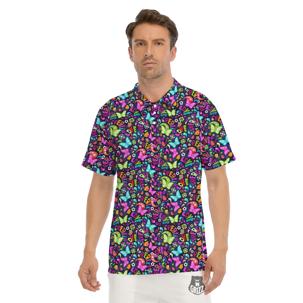 Peace Groovy Girly Print Pattern Men's Golf Shirts-grizzshop
