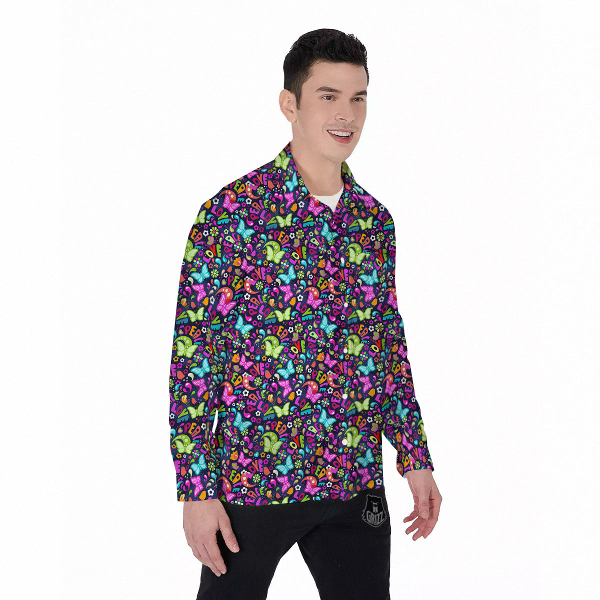 Peace Groovy Girly Print Pattern Men's Long Sleeve Shirts-grizzshop