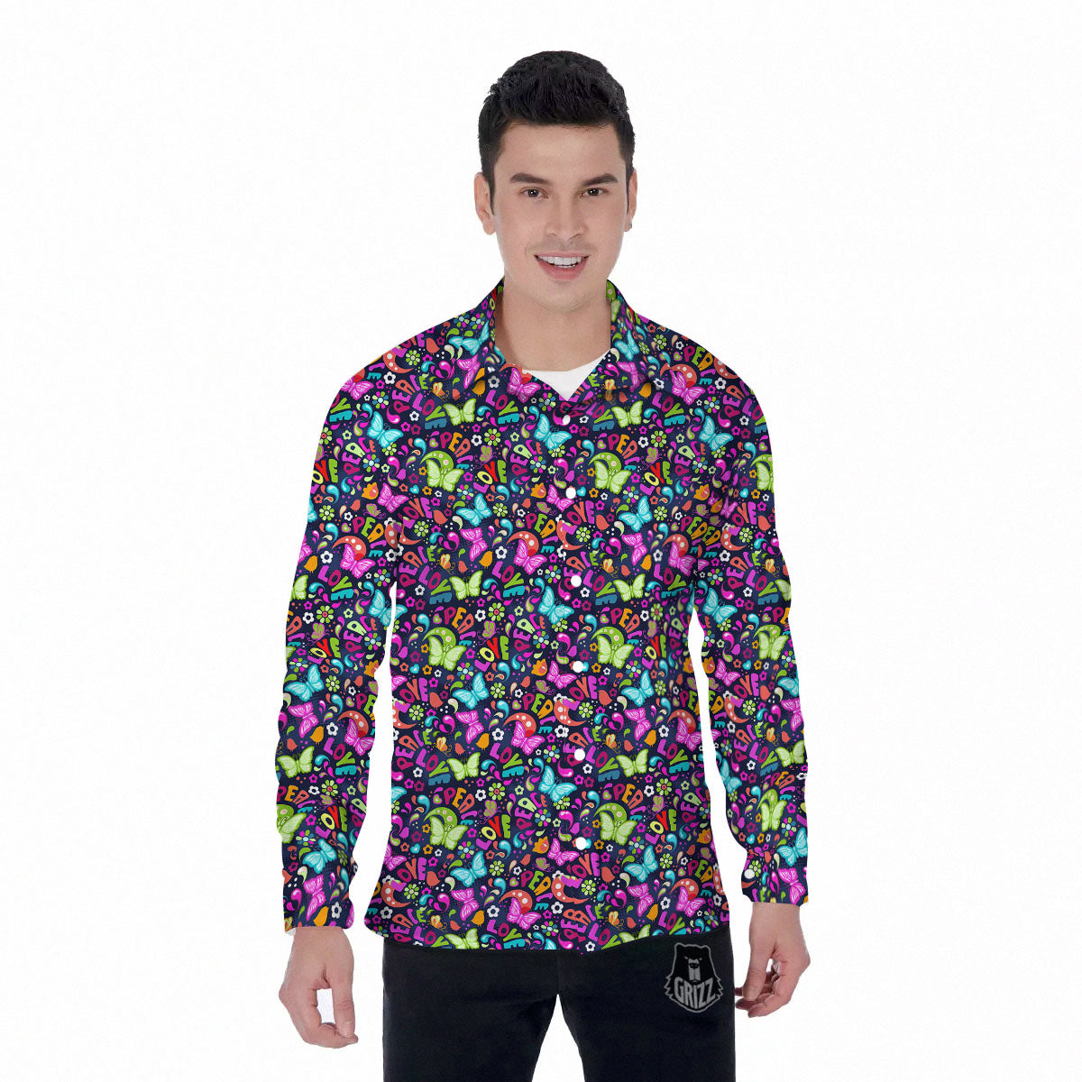 Peace Groovy Girly Print Pattern Men's Long Sleeve Shirts-grizzshop