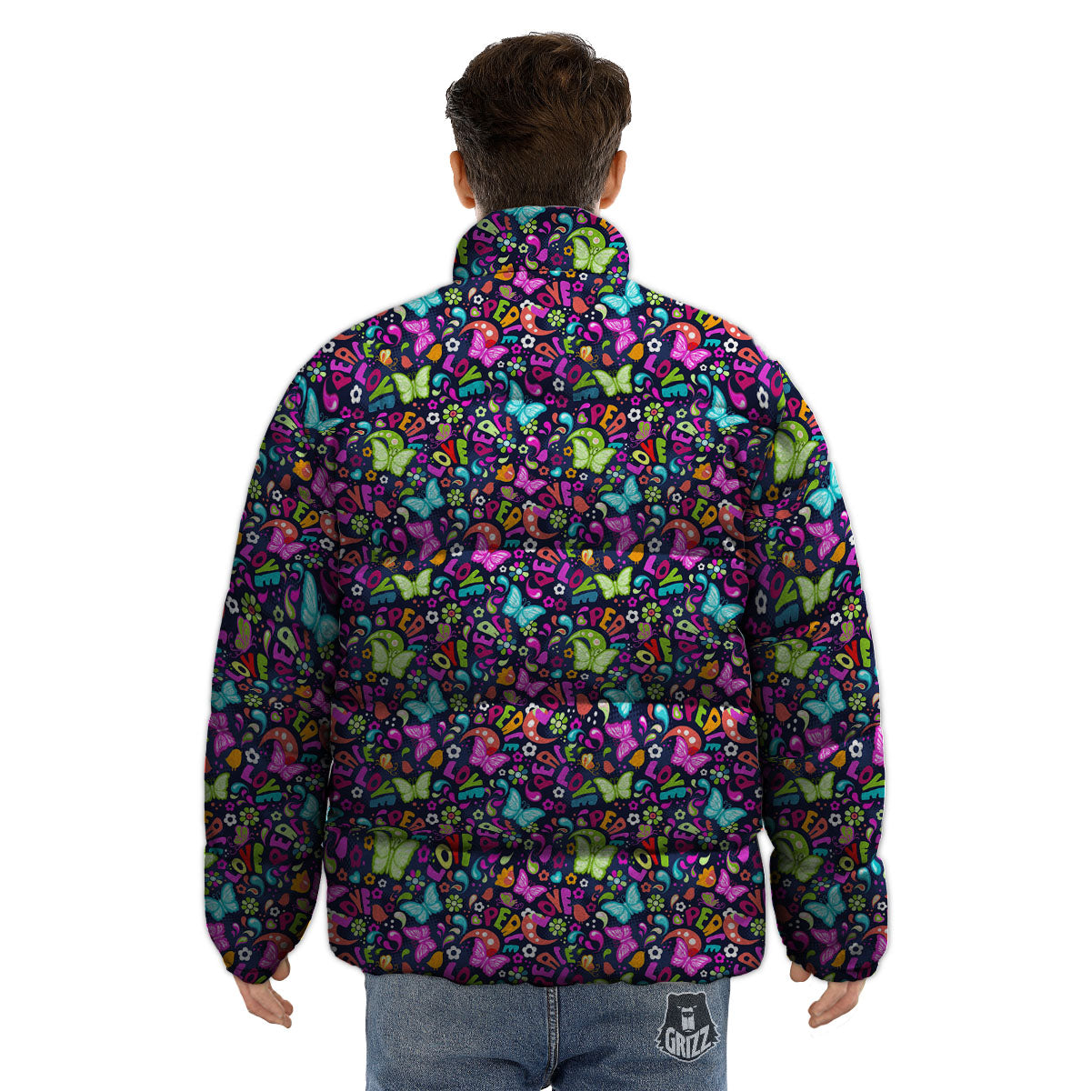 Peace Groovy Girly Print Pattern Puffer Jacket-grizzshop