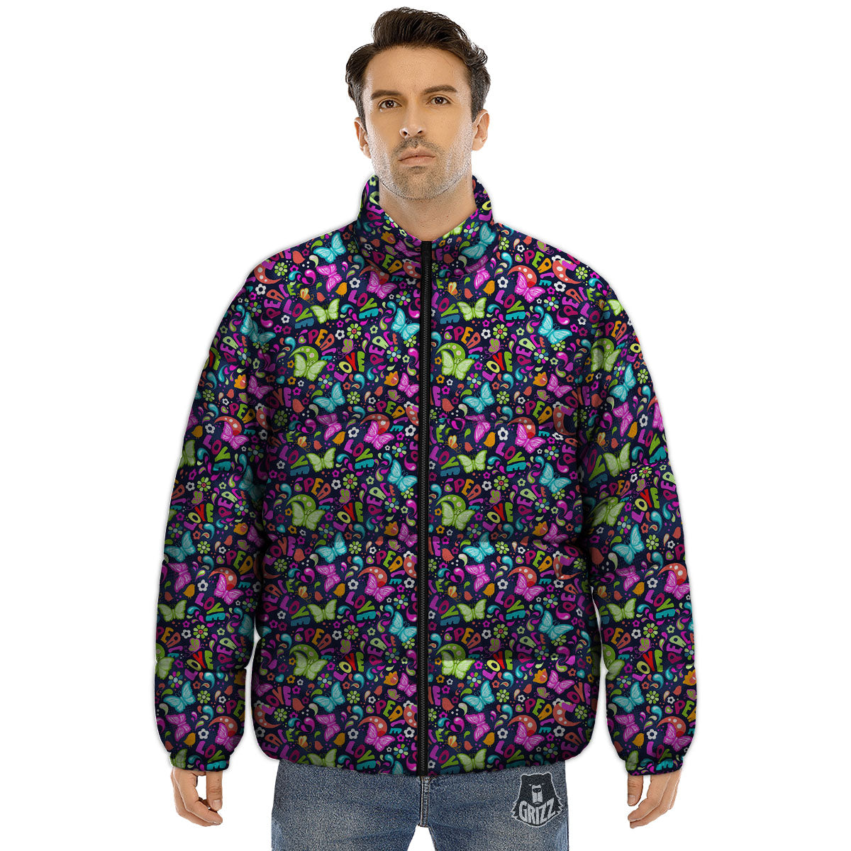 Peace Groovy Girly Print Pattern Puffer Jacket-grizzshop