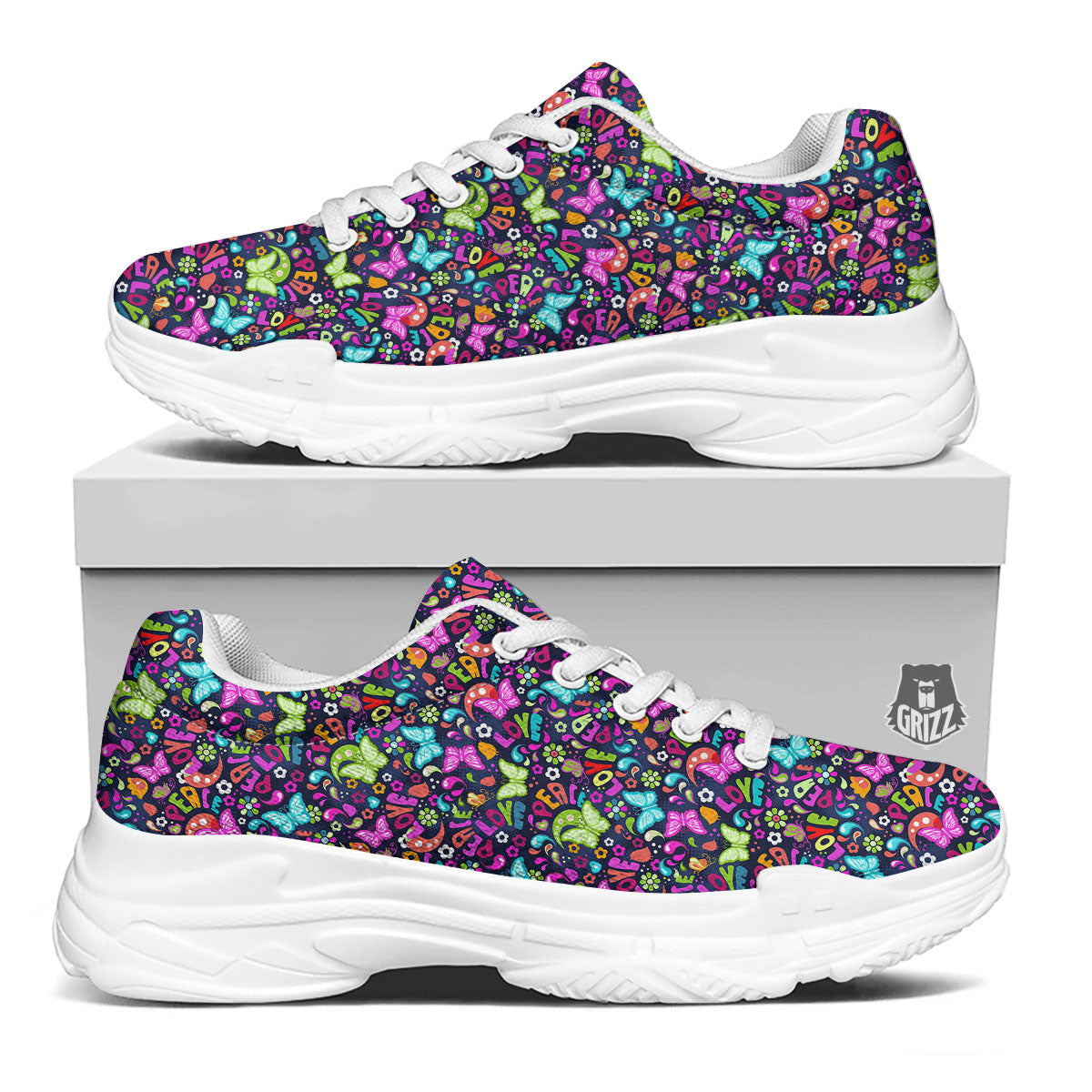 Peace Groovy Girly Print Pattern White Chunky Shoes-grizzshop