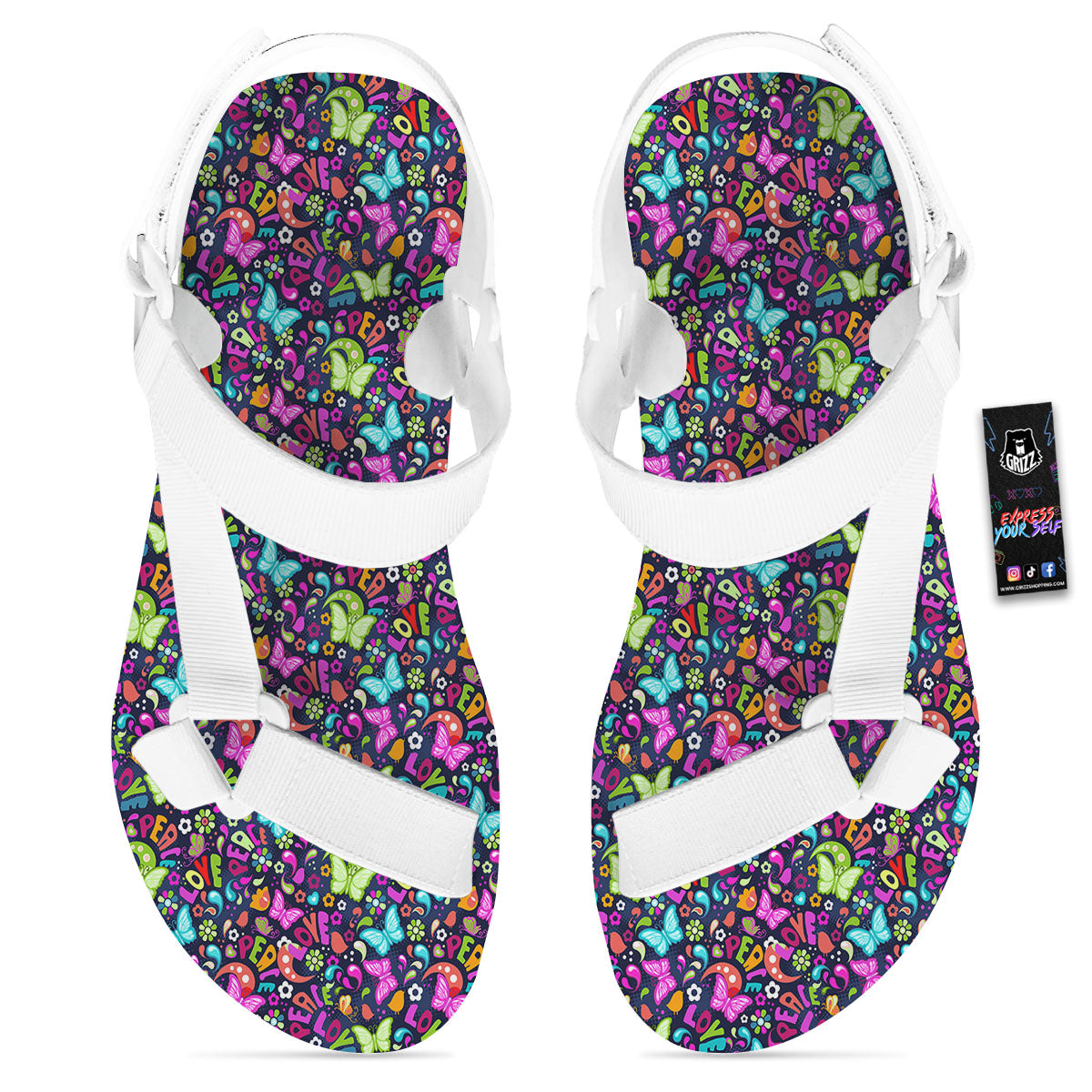 Peace Groovy Girly Print Pattern White Open Toe Sandals-grizzshop