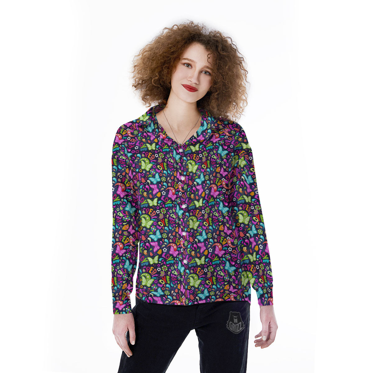 Peace Groovy Girly Print Pattern Women's Long Sleeve Shirts-grizzshop
