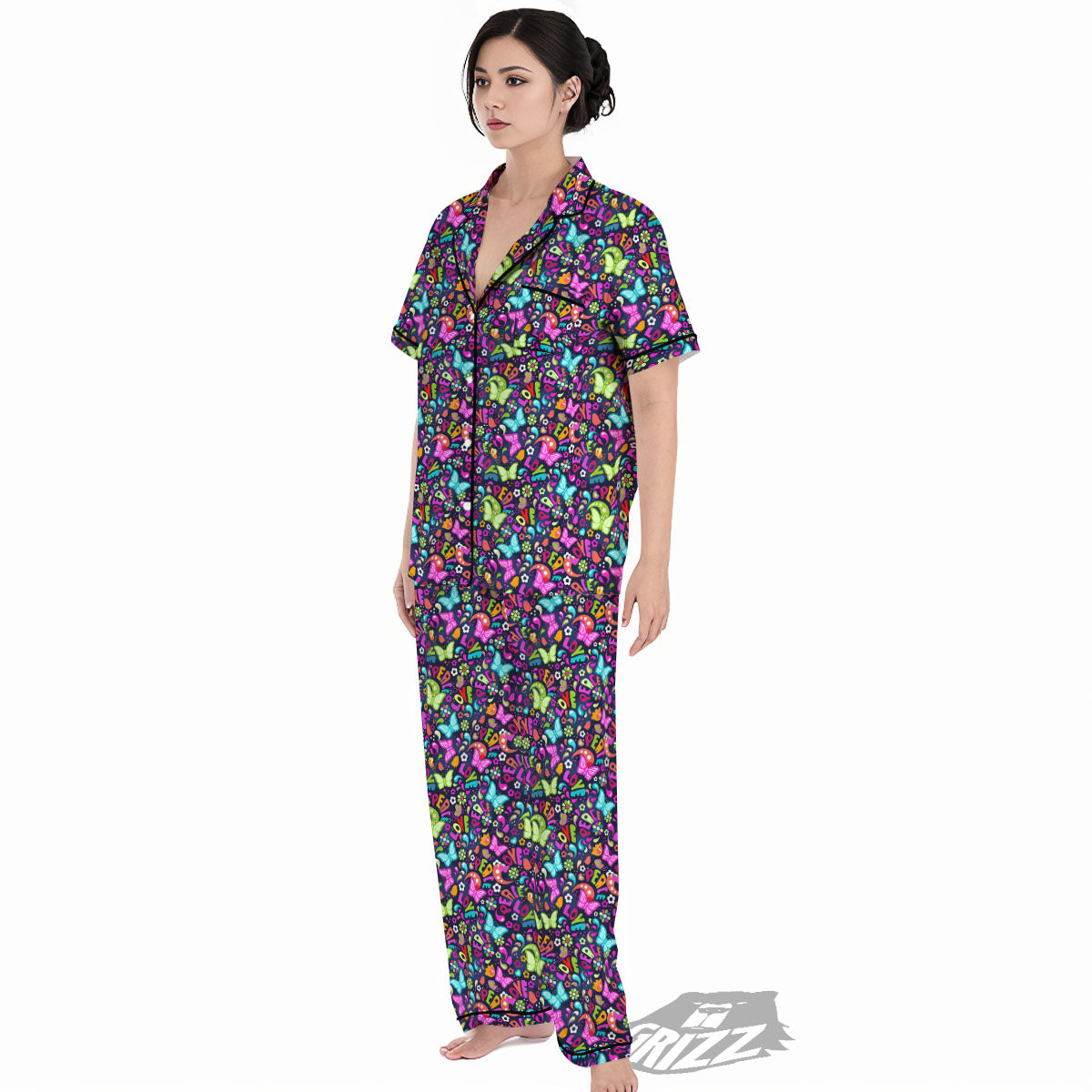 Peace Groovy Girly Print Pattern Women's Pajamas Set-grizzshop
