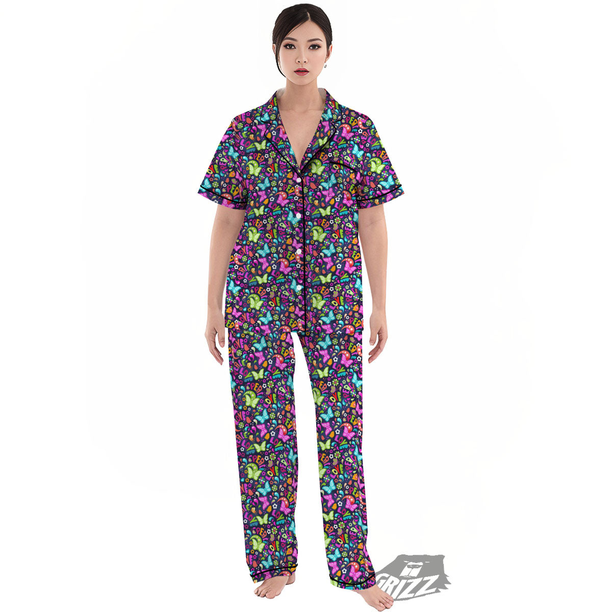 Peace Groovy Girly Print Pattern Women's Pajamas Set-grizzshop