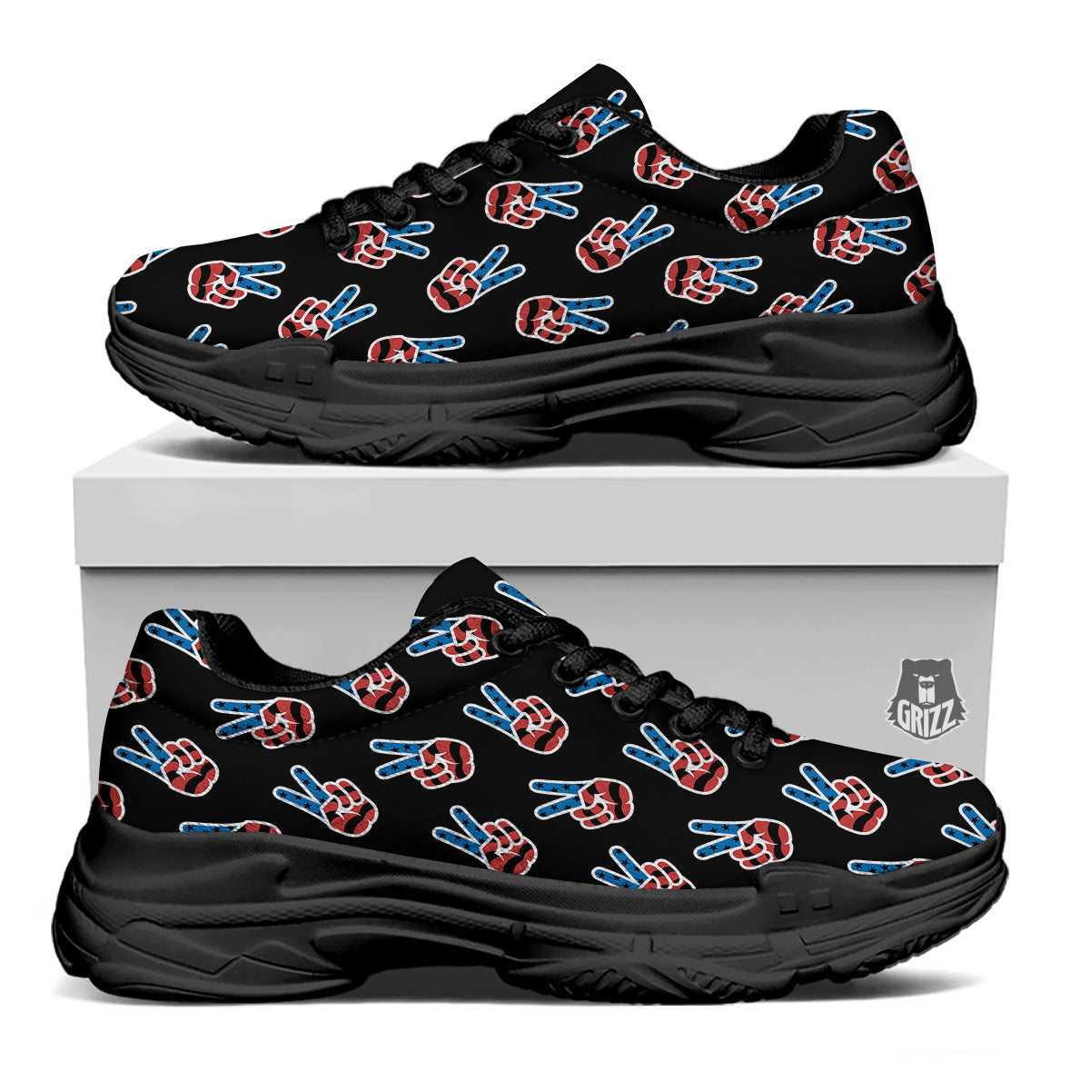 Peace Sign American Patriotic Print Pattern Black Chunky Shoes-grizzshop