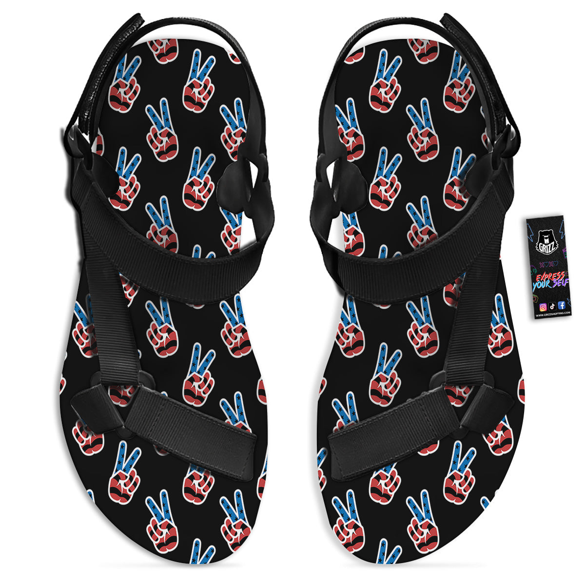 Peace Sign American Patriotic Print Pattern Black Open Toe Sandals-grizzshop