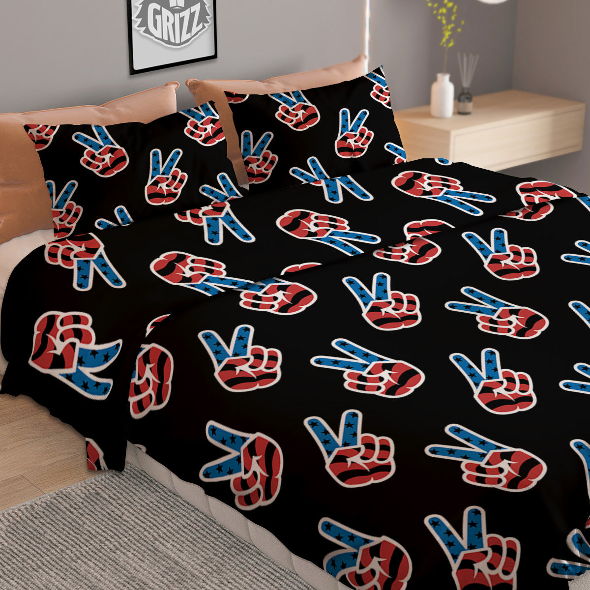 Peace Sign American Patriotic Print Pattern Duvet Cover Bedding Set