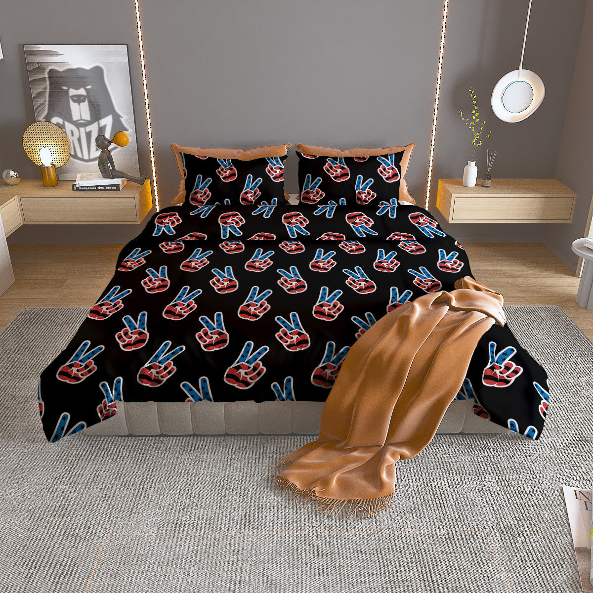 Peace Sign American Patriotic Print Pattern Duvet Cover Bedding Set