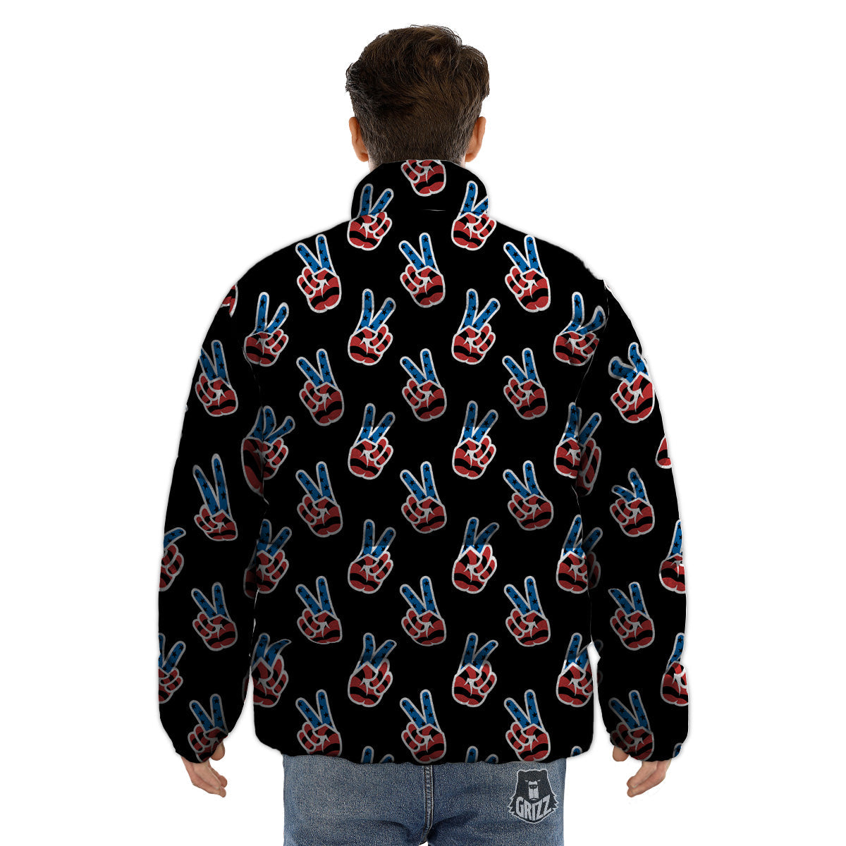Peace Sign American Patriotic Print Pattern Puffer Jacket-grizzshop