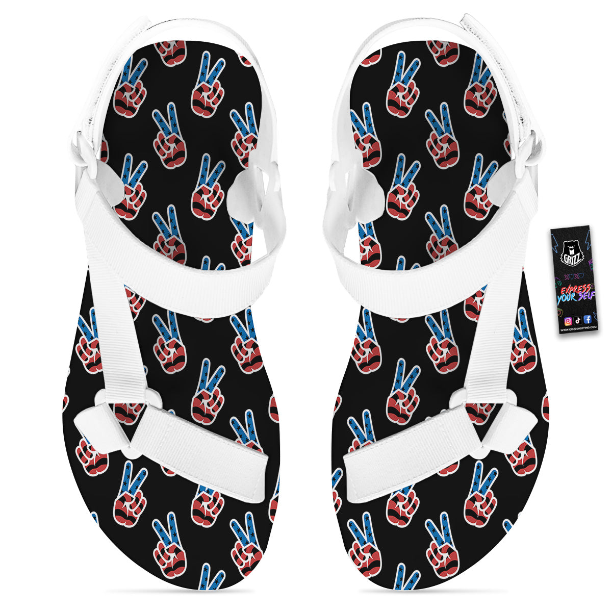 Peace Sign American Patriotic Print Pattern White Open Toe Sandals-grizzshop
