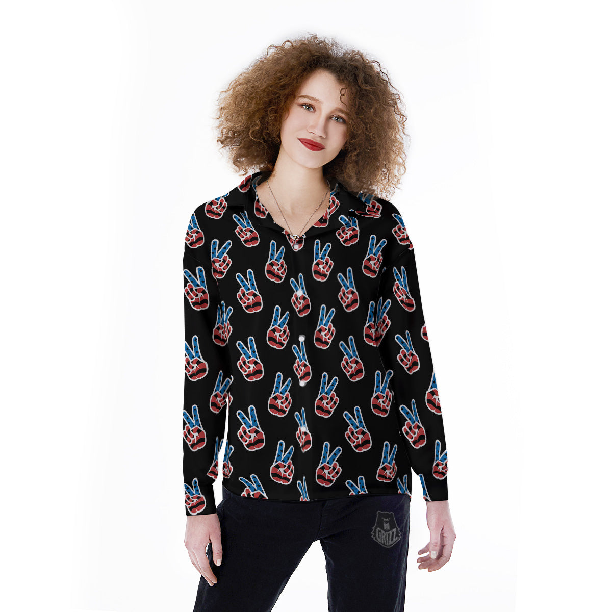 Peace Sign American Patriotic Print Pattern Women's Long Sleeve Shirts-grizzshop