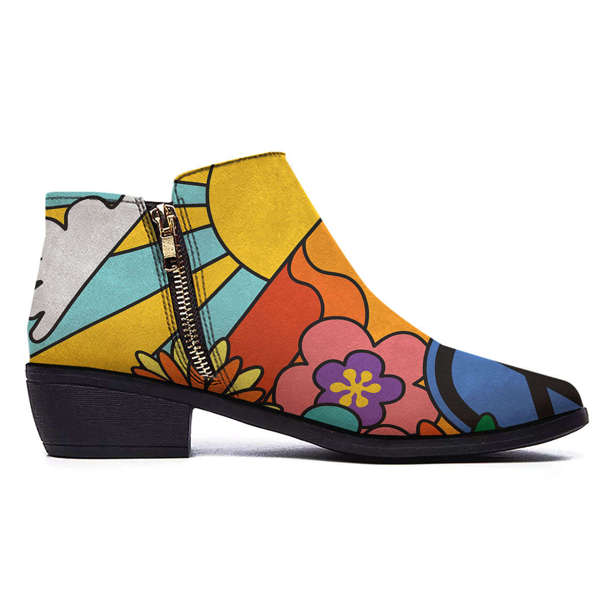 Peace Sign Hippie Flower Print Ankle Boots-grizzshop