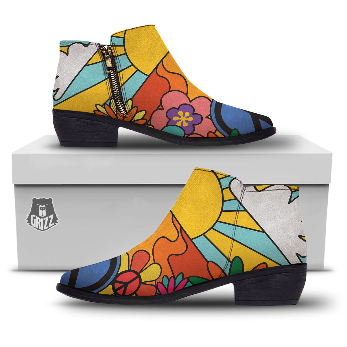 Peace Sign Hippie Flower Print Ankle Boots-grizzshop