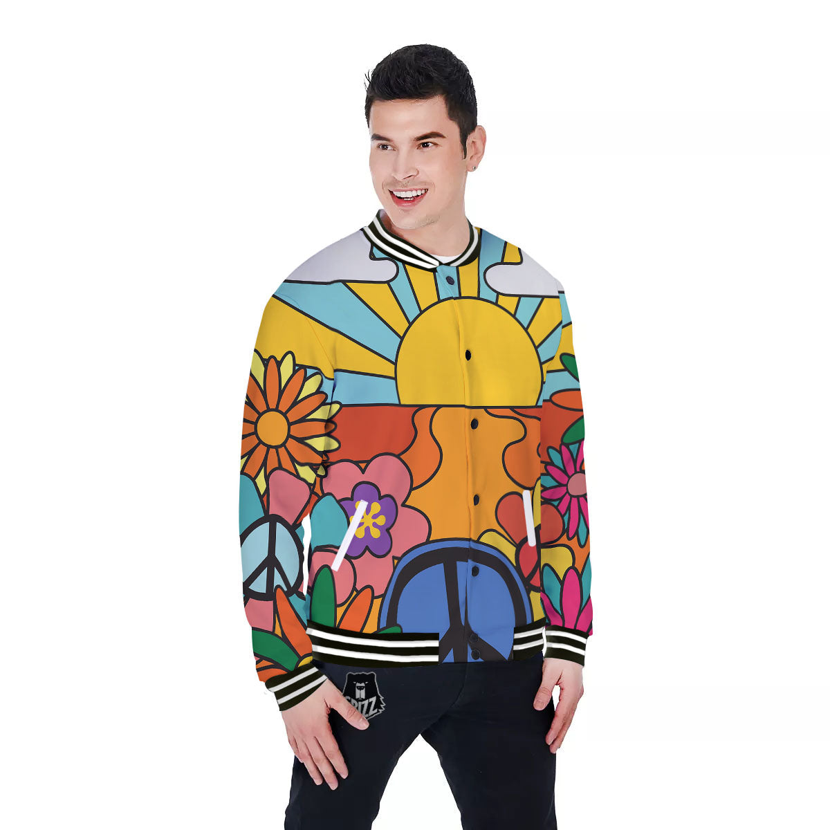 Peace Sign Hippie Flower Print Baseball Jacket-grizzshop