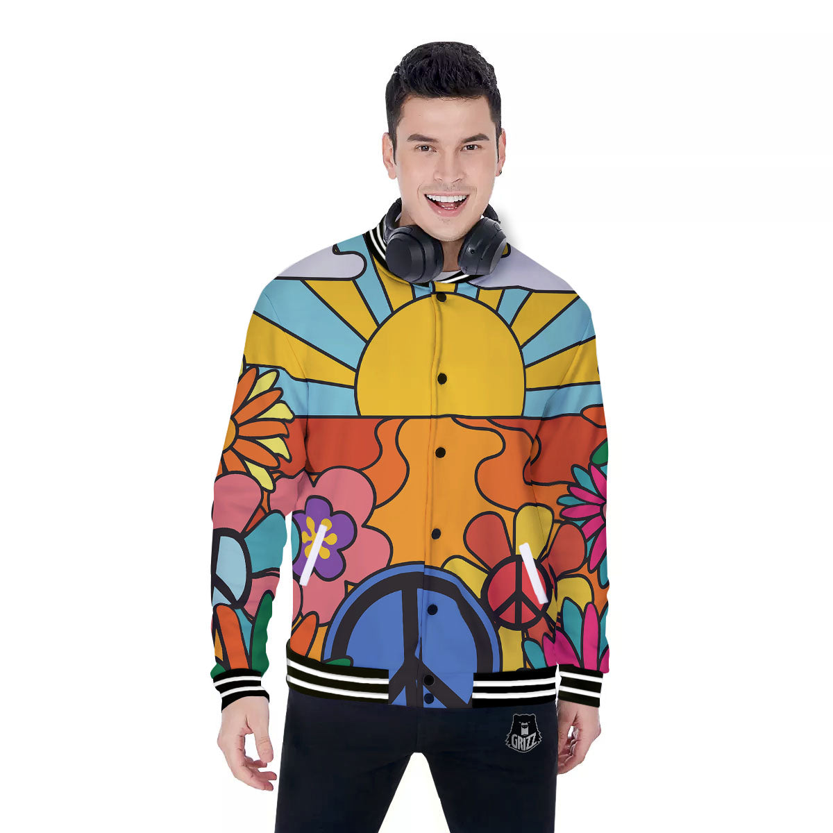 Peace Sign Hippie Flower Print Baseball Jacket-grizzshop