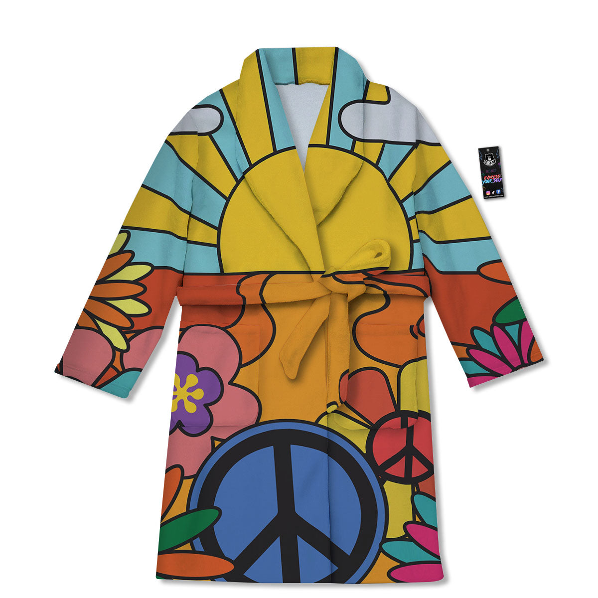 Peace Sign Hippie Flower Print Bathrobe-grizzshop