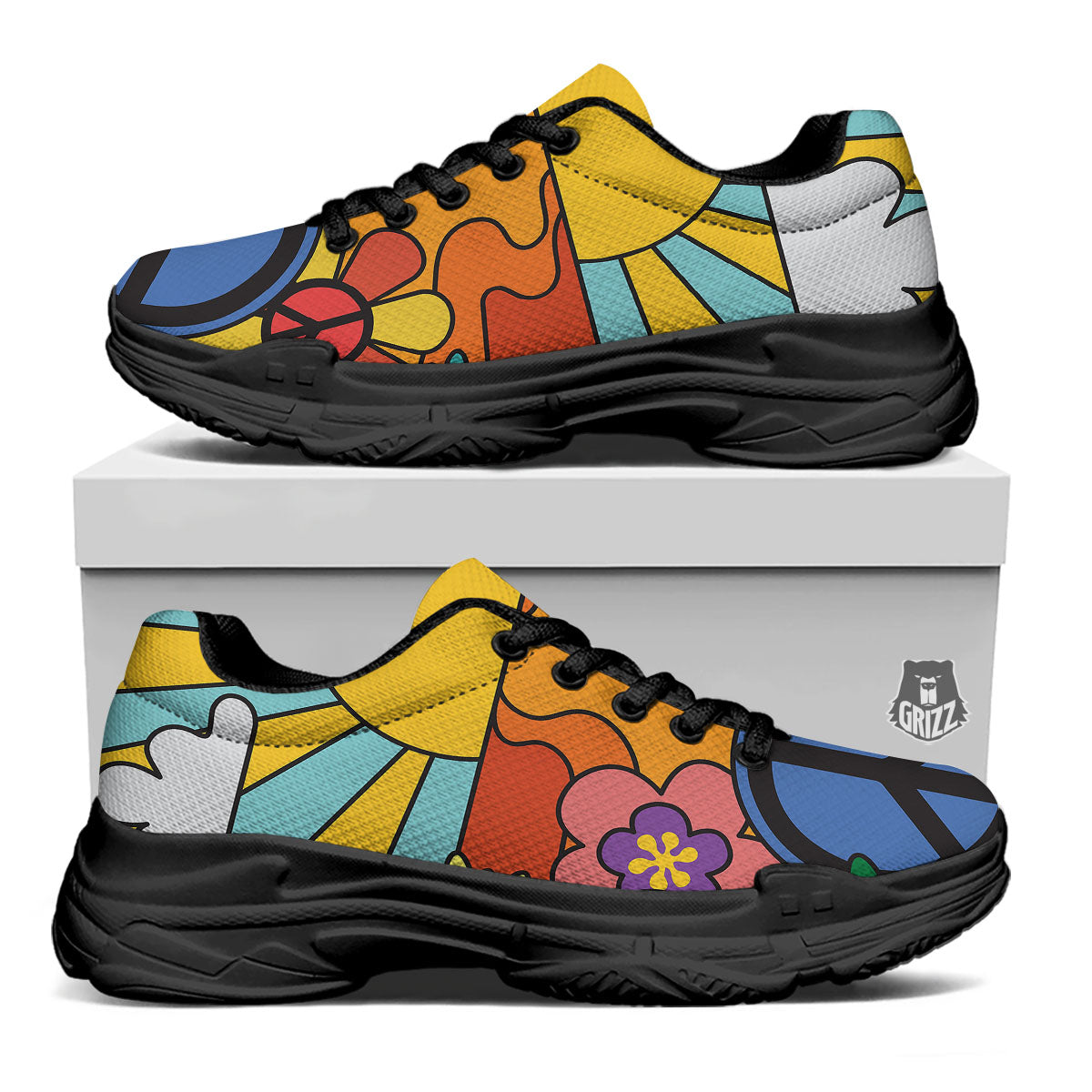 Peace Sign Hippie Flower Print Black Chunky Shoes-grizzshop