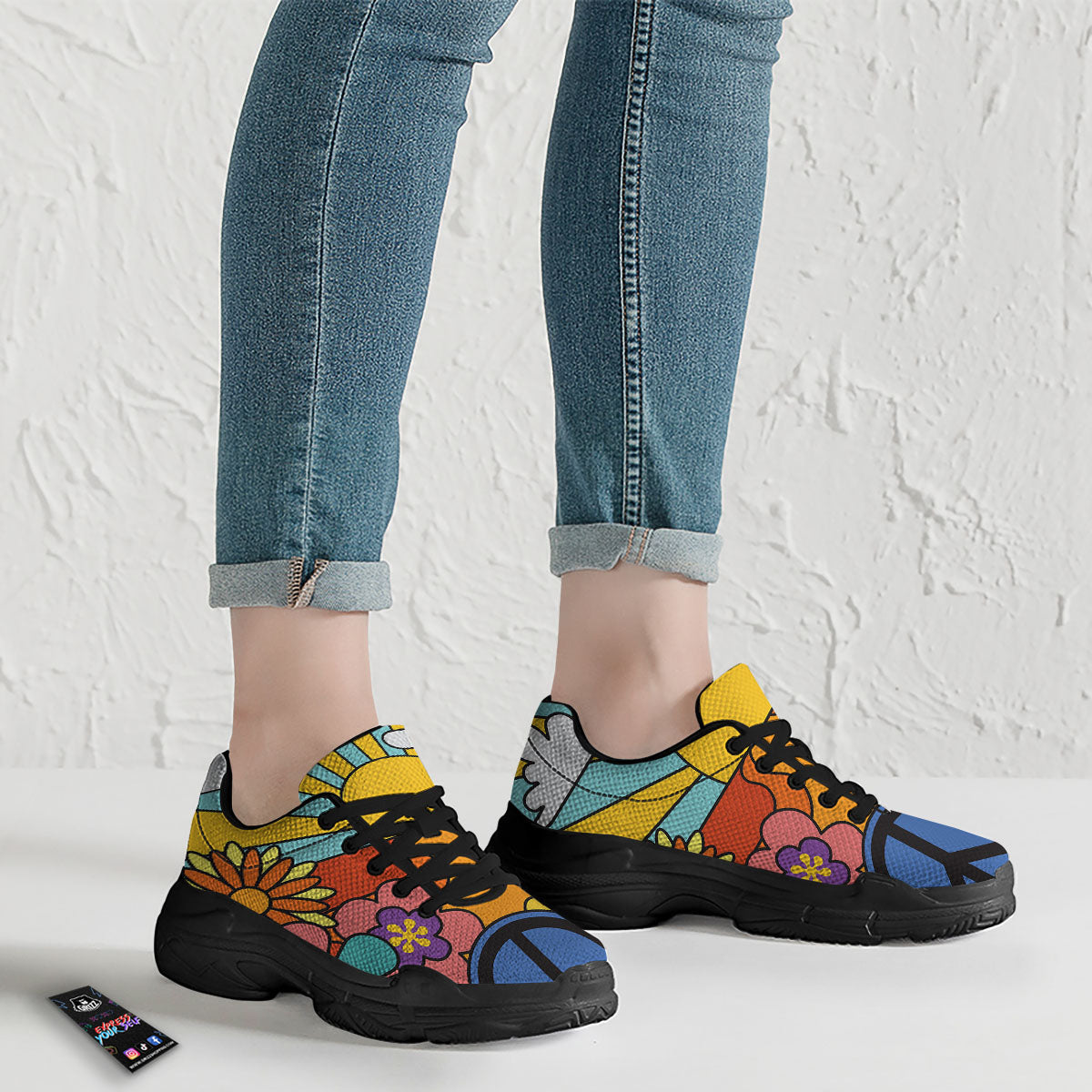 Peace Sign Hippie Flower Print Black Chunky Shoes-grizzshop