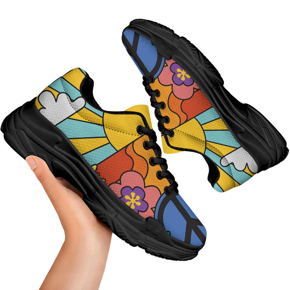 Peace Sign Hippie Flower Print Black Chunky Shoes-grizzshop