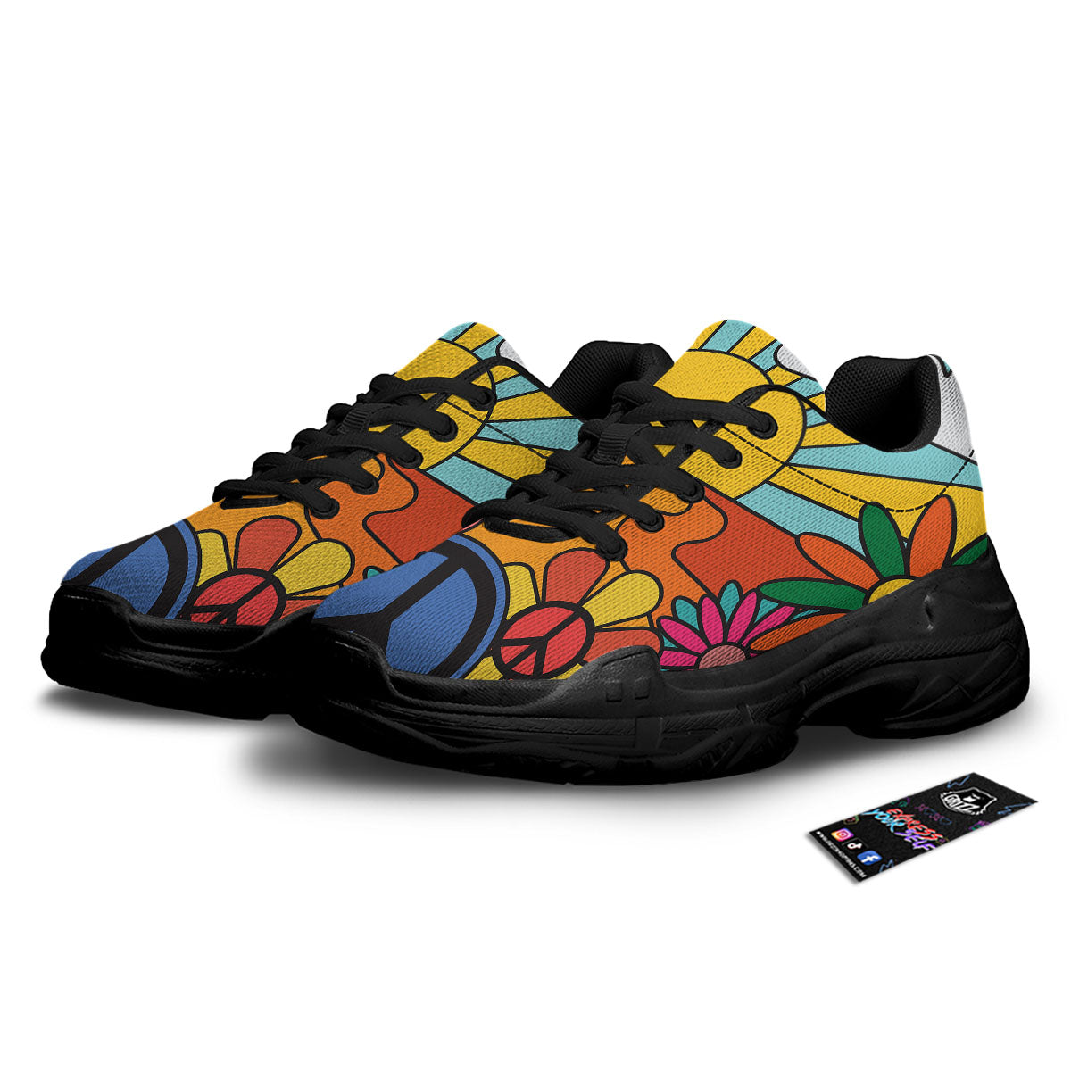 Peace Sign Hippie Flower Print Black Chunky Shoes-grizzshop