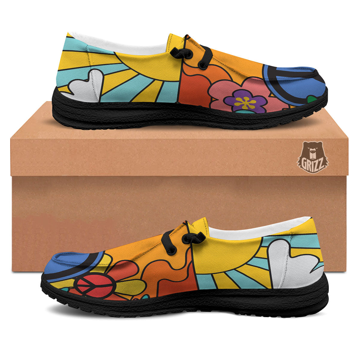 Peace Sign Hippie Flower Print Black Loafers-grizzshop