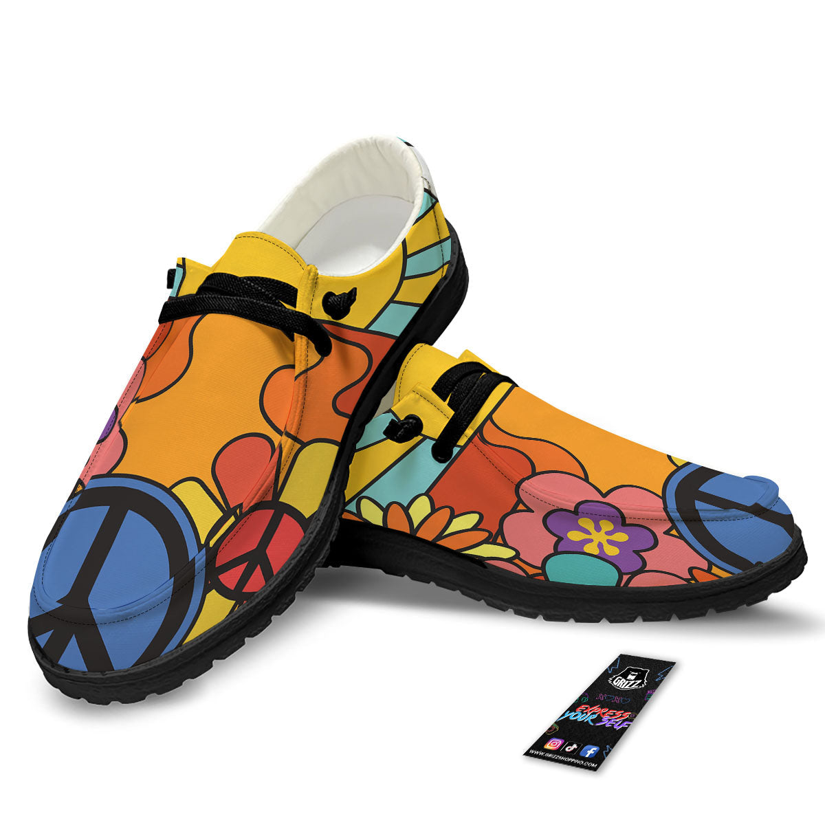 Peace Sign Hippie Flower Print Black Loafers-grizzshop