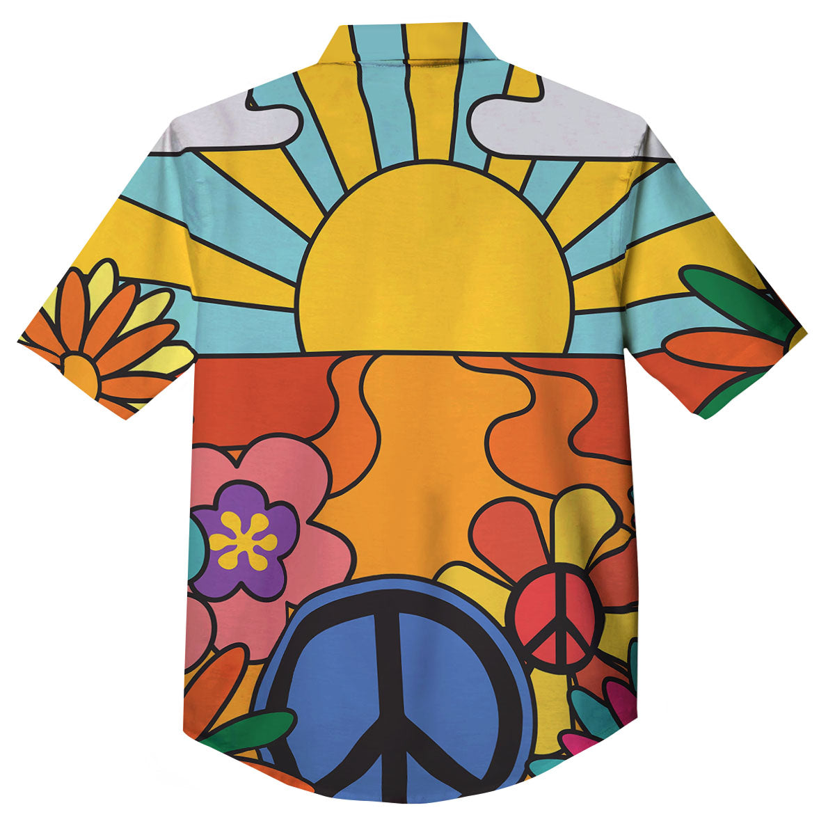 Peace Sign Hippie Flower Print Button Up Shirt-grizzshop
