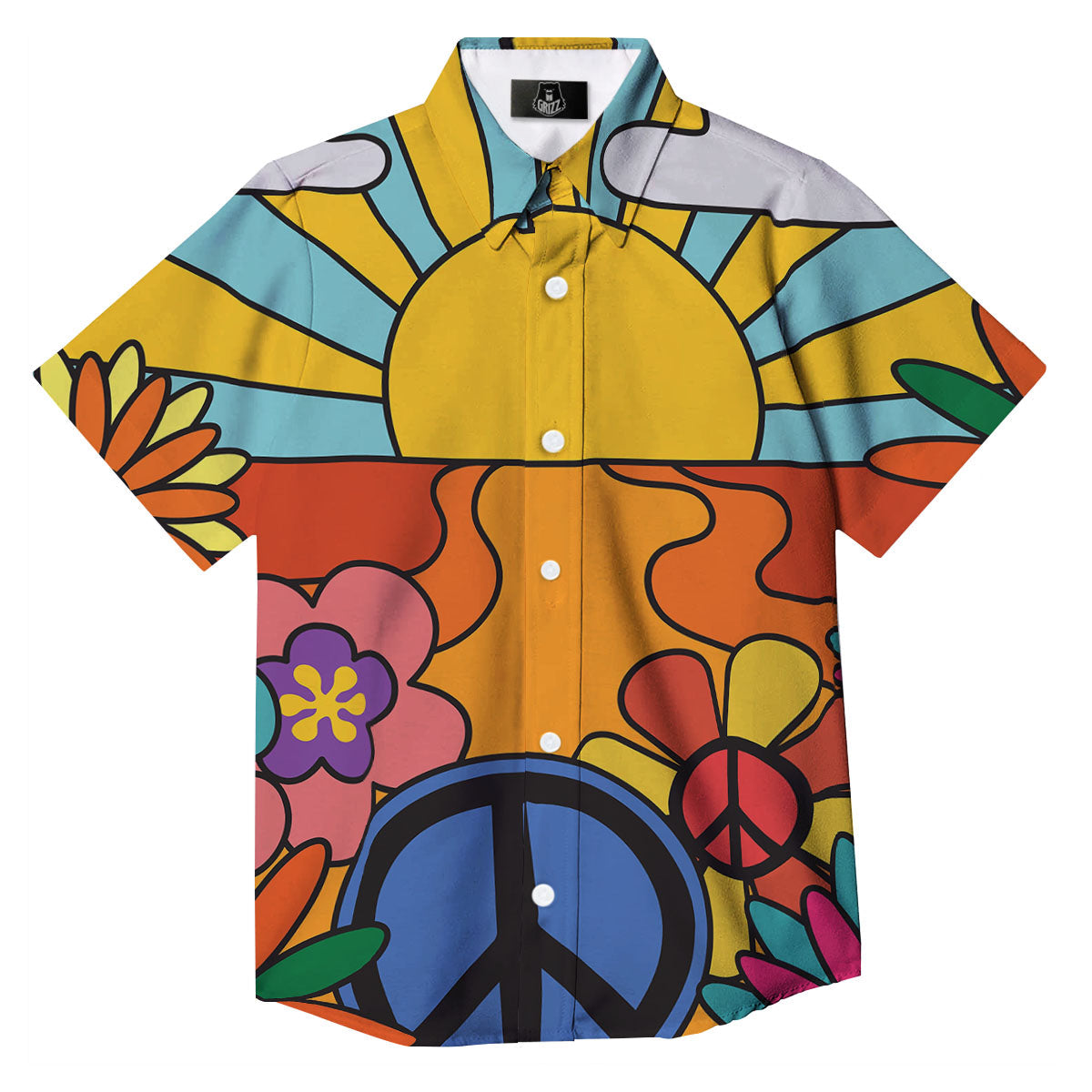 Peace Sign Hippie Flower Print Button Up Shirt-grizzshop