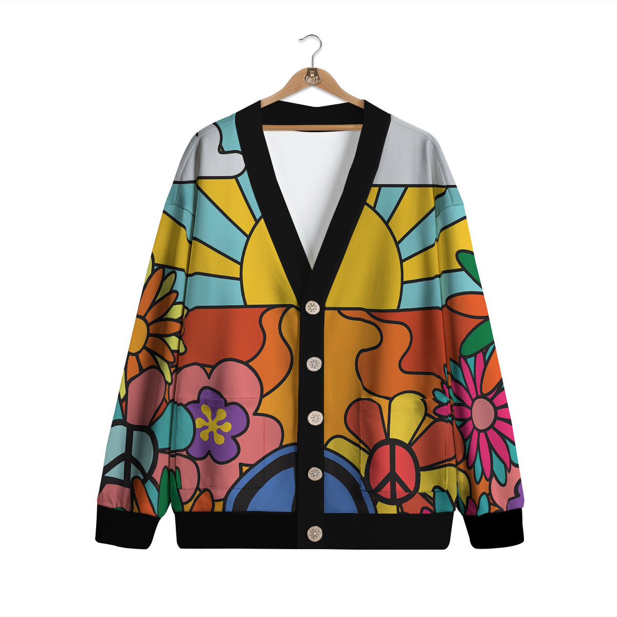 Peace Sign Hippie Flower Print Cardigan-grizzshop
