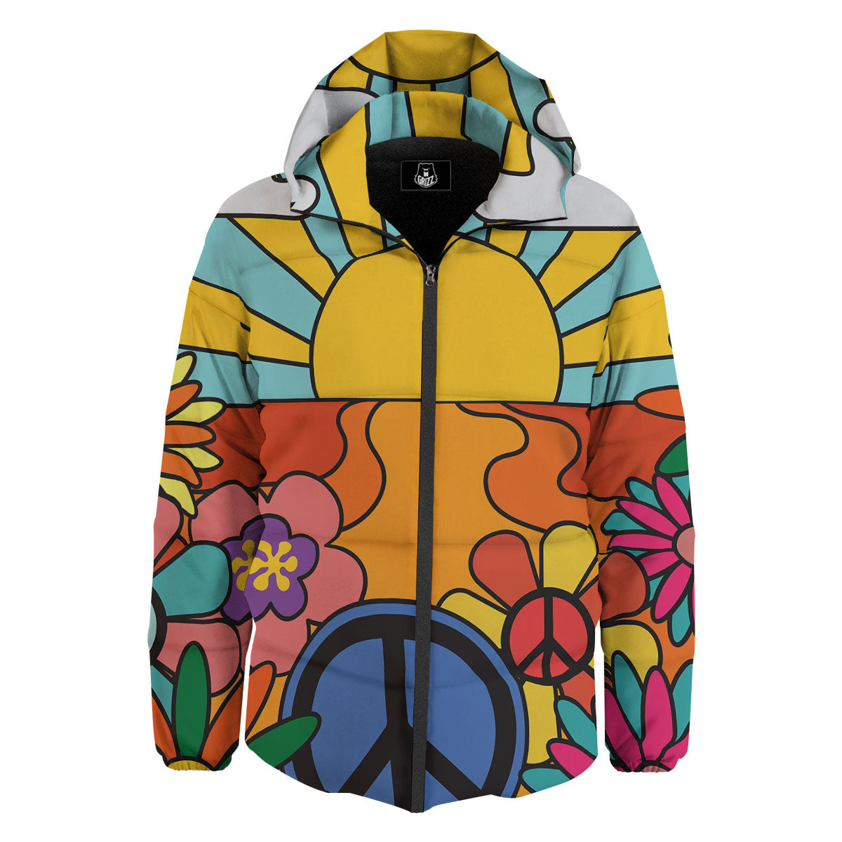 Peace Sign Hippie Flower Print Down Jacket-grizzshop