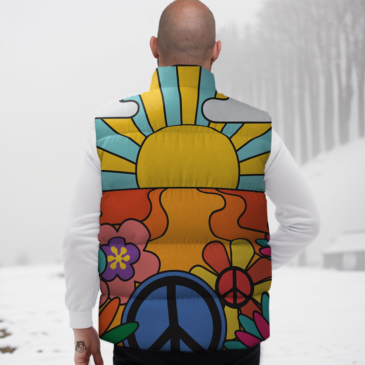 Peace Sign Hippie Flower Print Down Vest