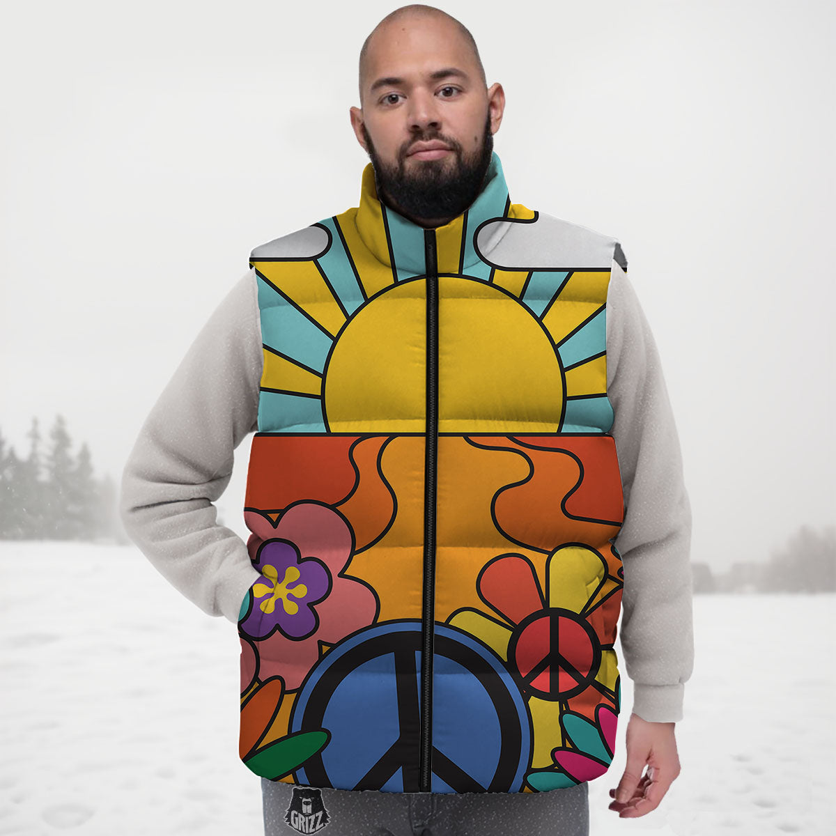 Peace Sign Hippie Flower Print Down Vest