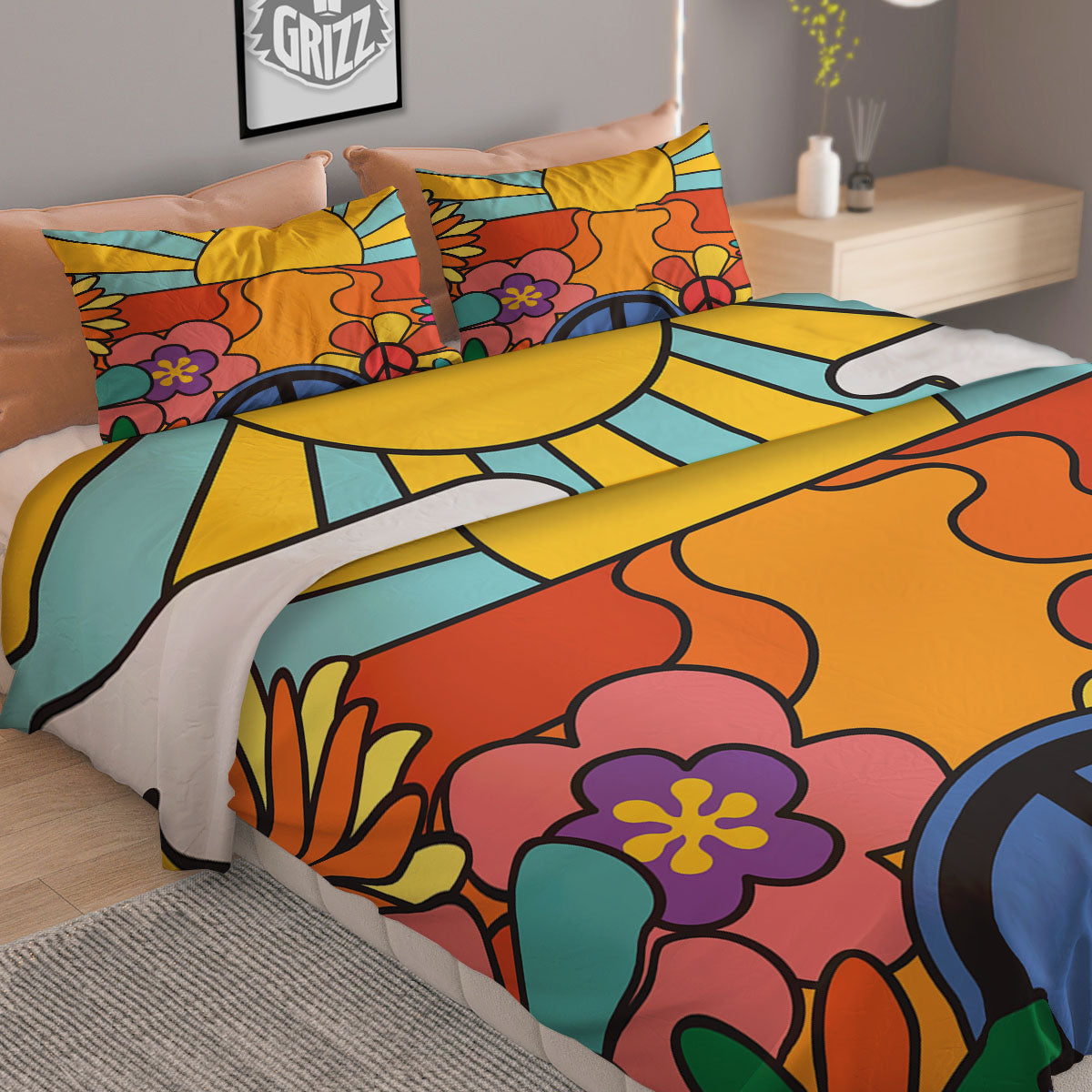 Peace Sign Hippie Flower Print Duvet Cover Bedding Set