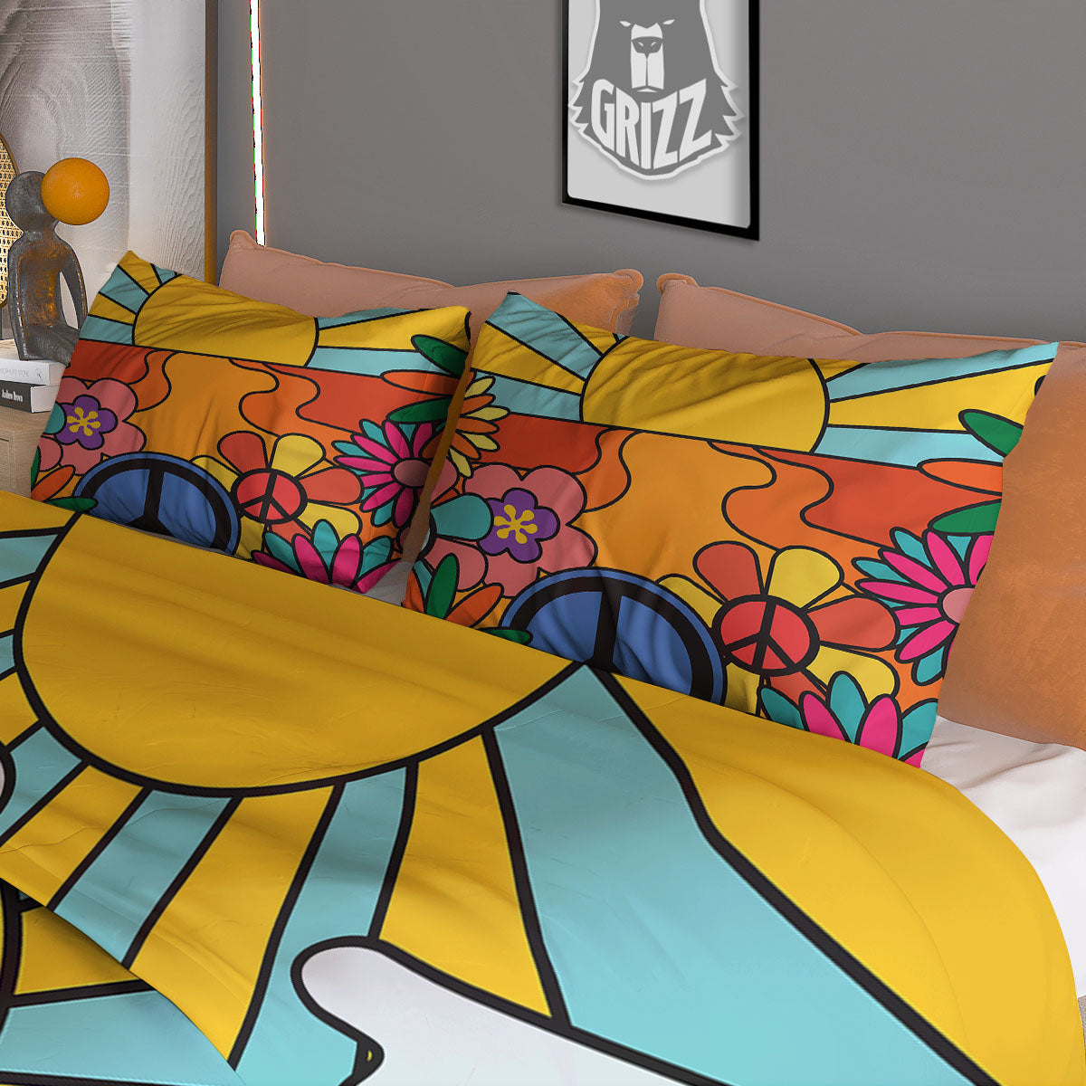 Peace Sign Hippie Flower Print Duvet Cover Bedding Set