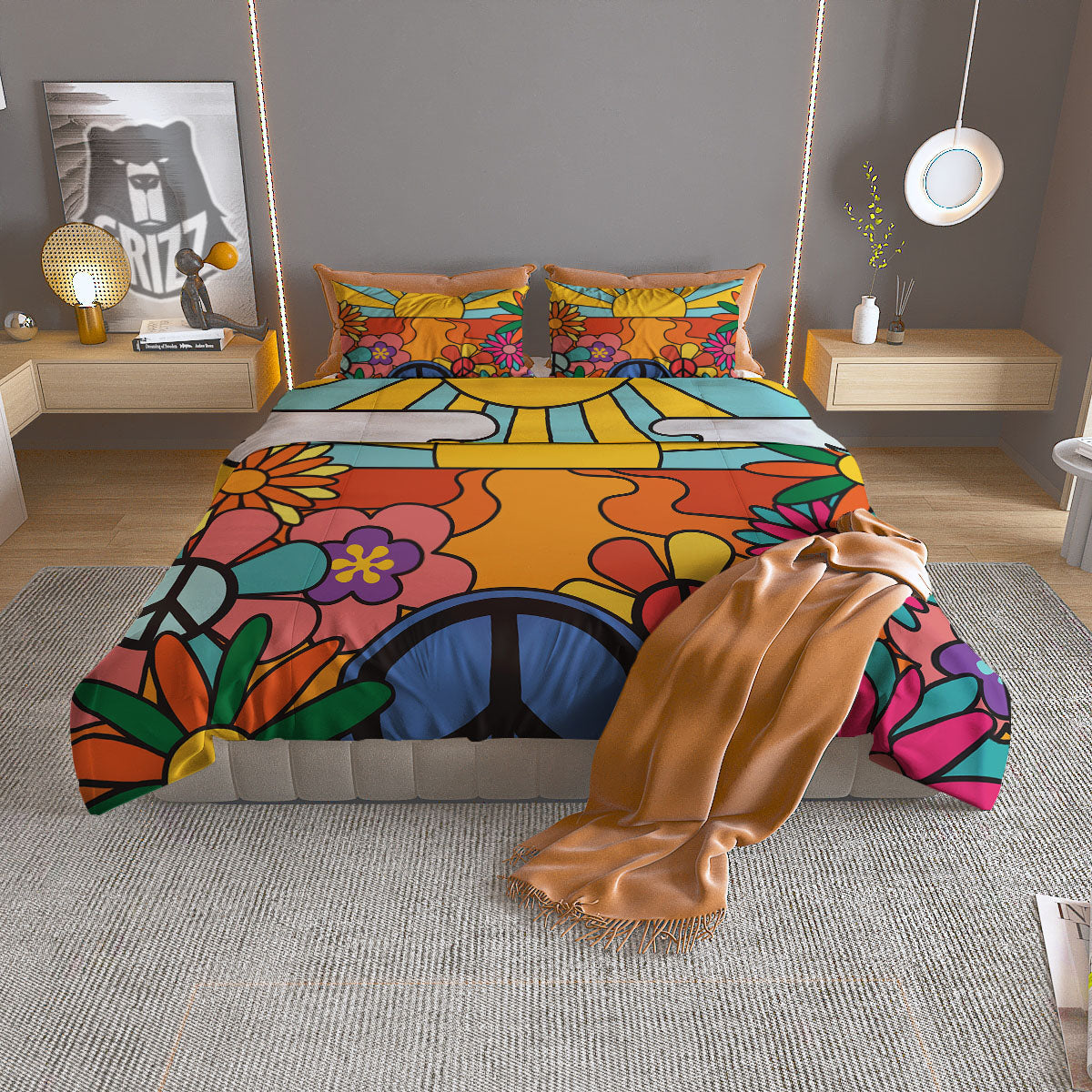 Peace Sign Hippie Flower Print Duvet Cover Bedding Set