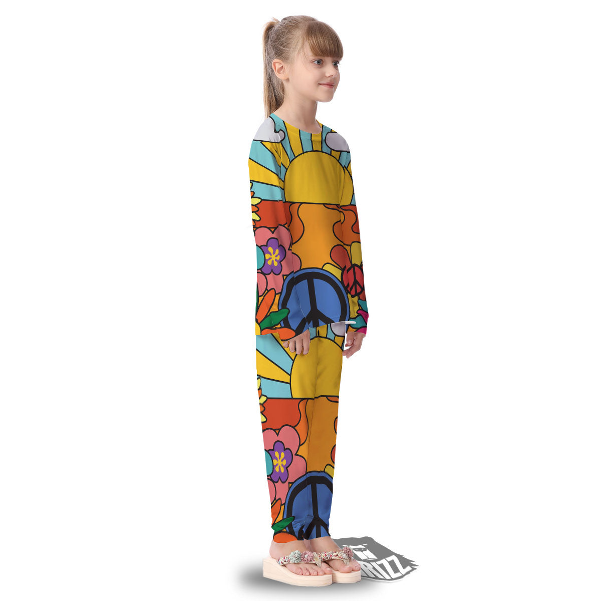Peace Sign Hippie Flower Print Kid's Pajamas-grizzshop