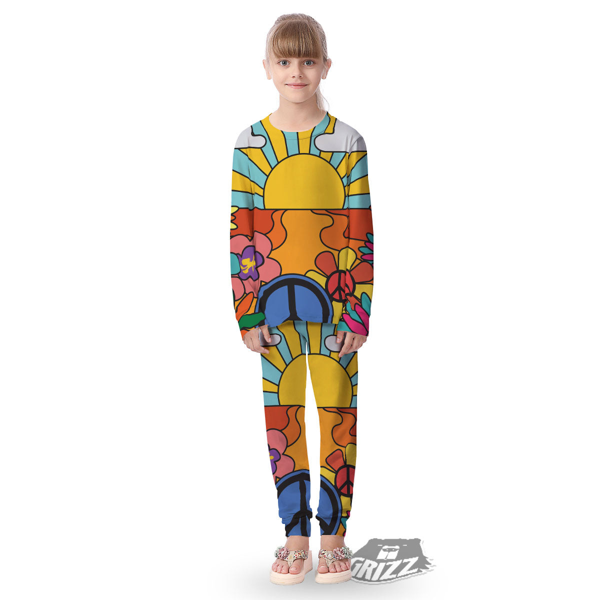 Peace Sign Hippie Flower Print Kid's Pajamas-grizzshop