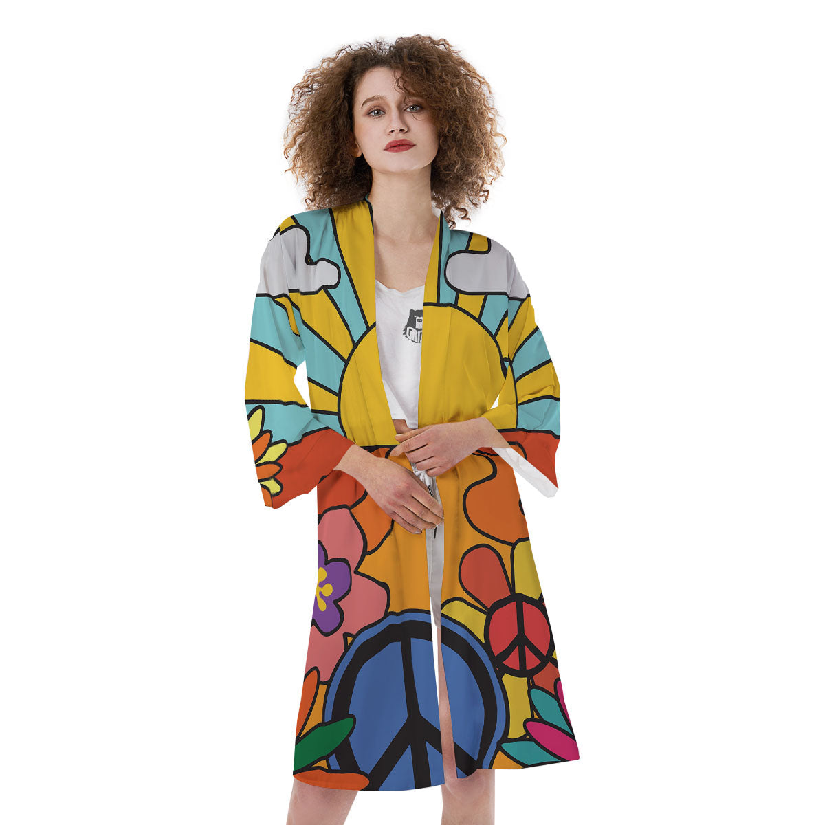 Peace Sign Hippie Flower Print Kimono-grizzshop