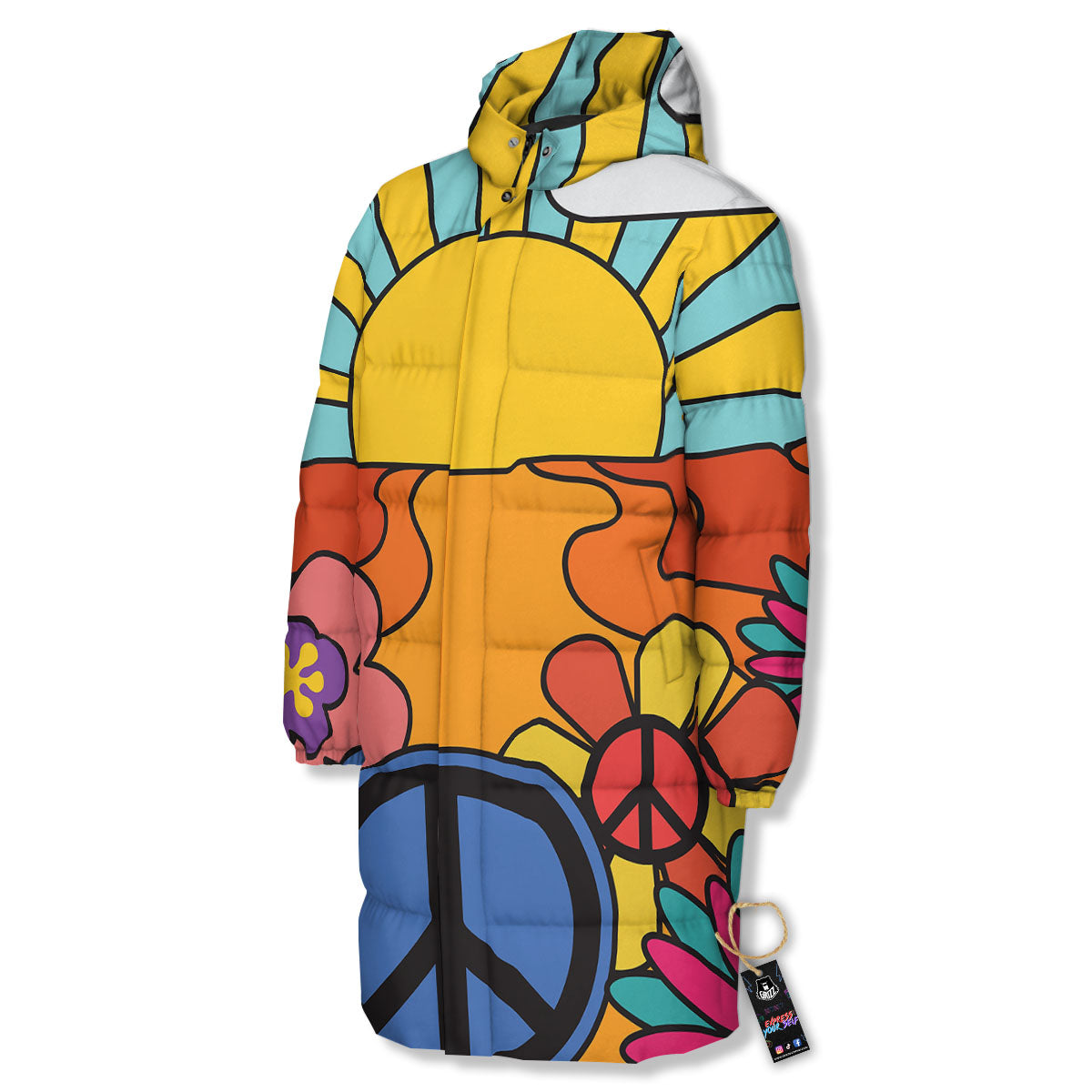 Peace Sign Hippie Flower Print Long Down Jacket-grizzshop
