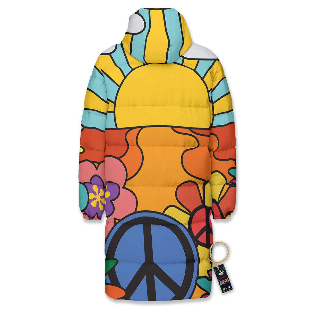Peace Sign Hippie Flower Print Long Down Jacket-grizzshop