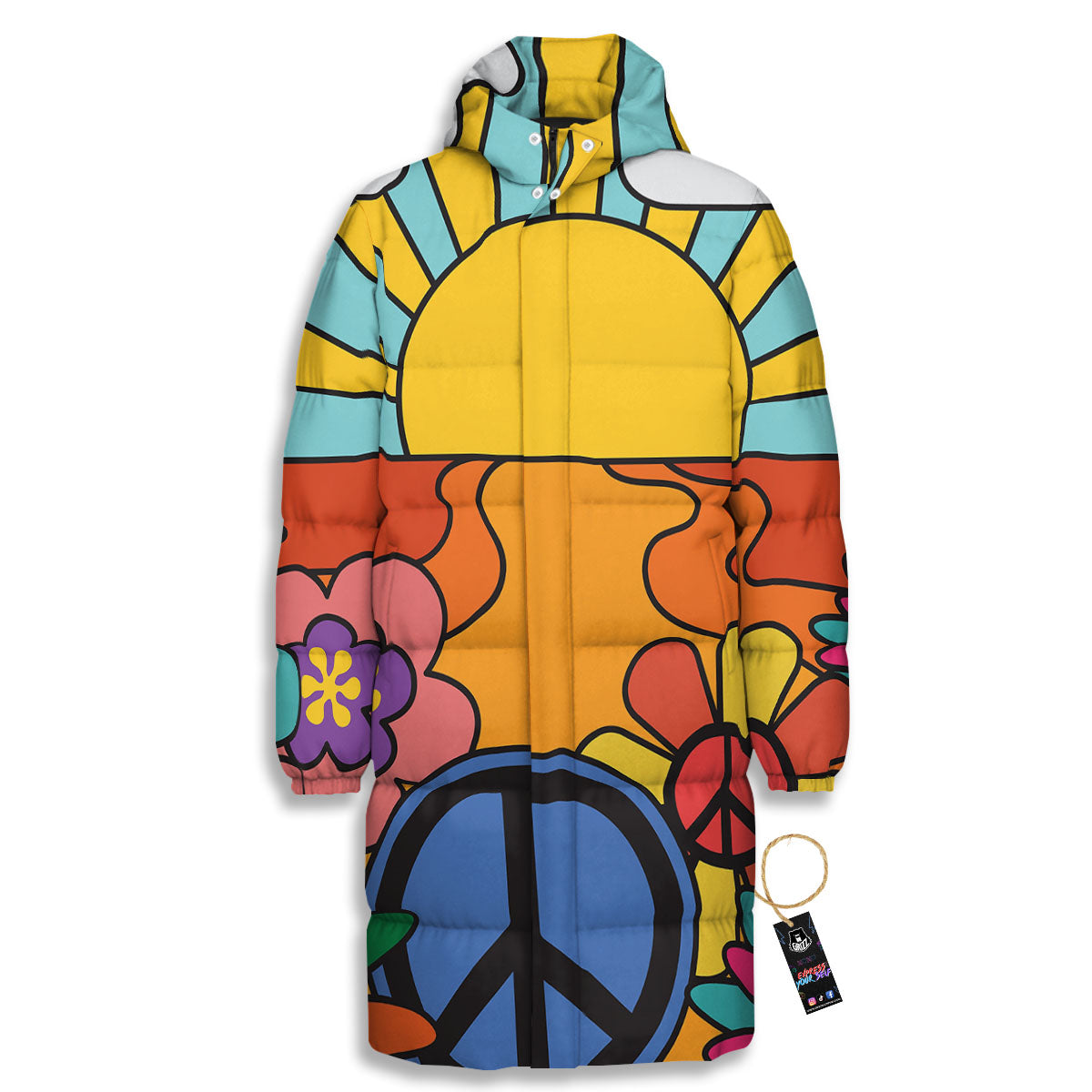 Peace Sign Hippie Flower Print Long Down Jacket-grizzshop