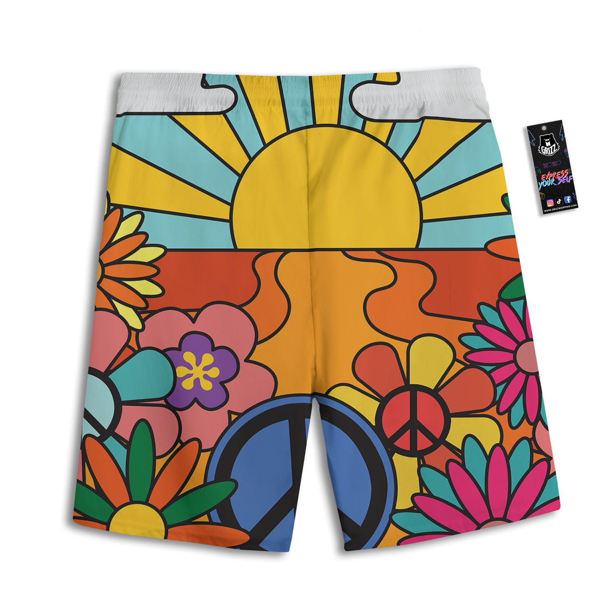 Peace Sign Hippie Flower Print Men's Athletic Shorts