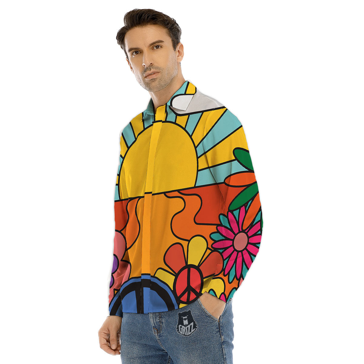 Peace Sign Hippie Flower Print Men's Dress Shirts-grizzshop