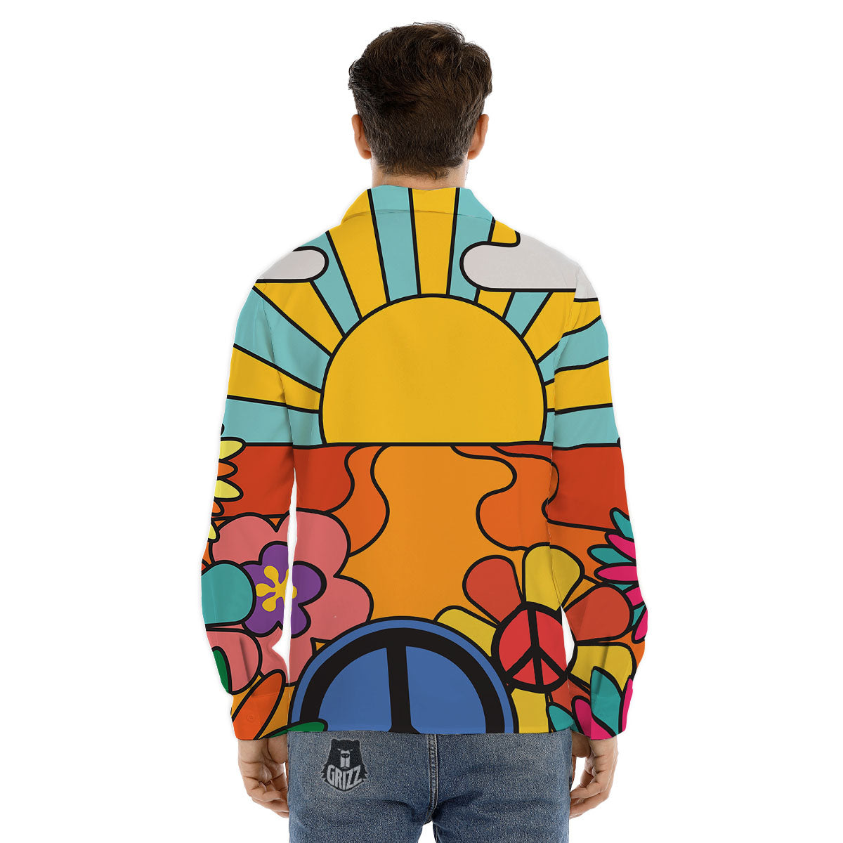 Peace Sign Hippie Flower Print Men's Dress Shirts-grizzshop