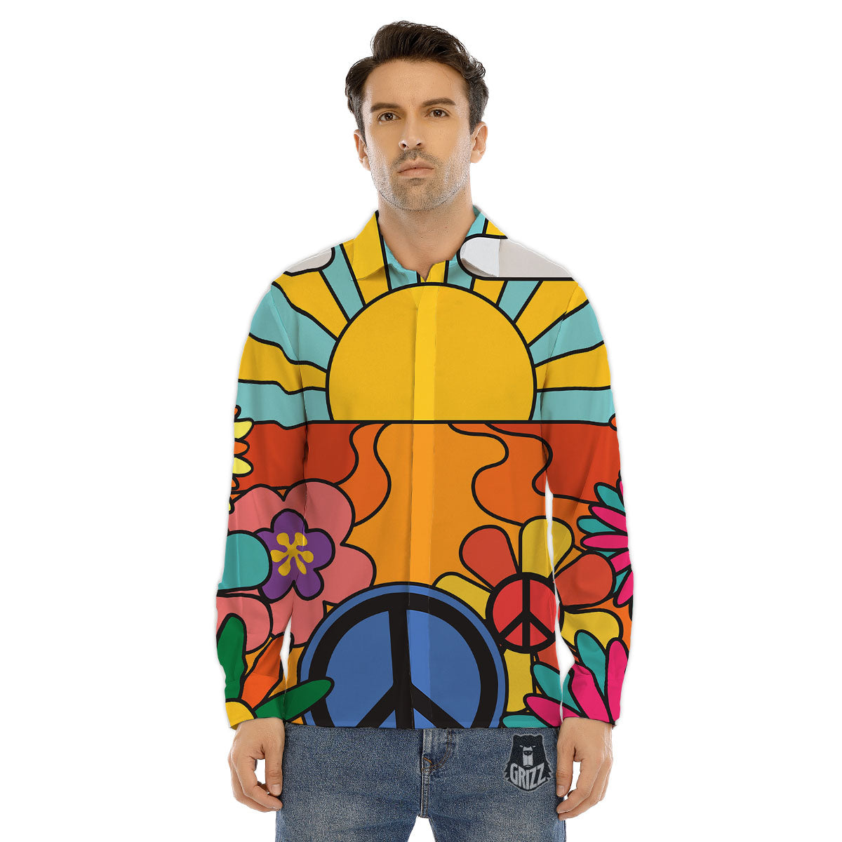 Peace Sign Hippie Flower Print Men's Dress Shirts-grizzshop