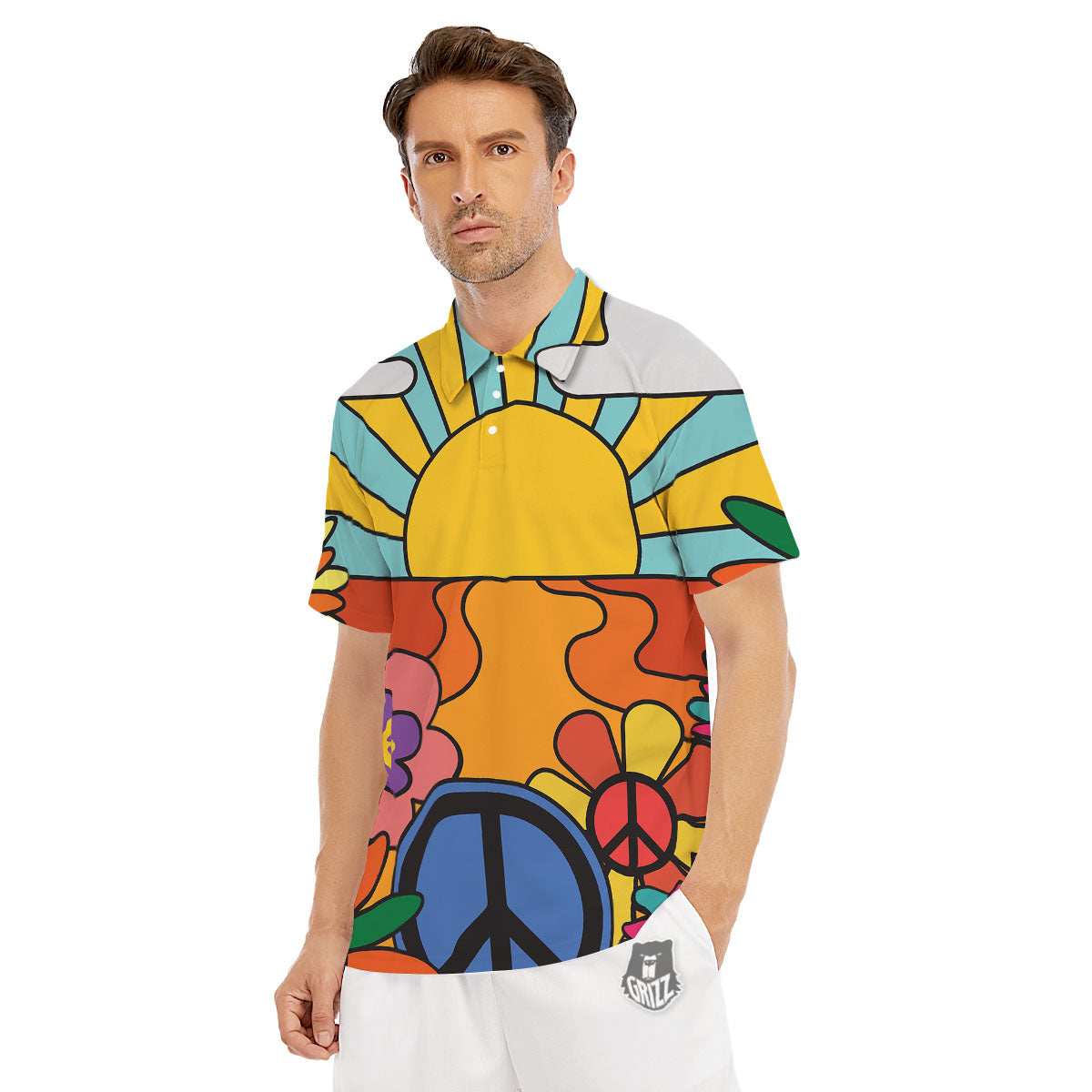 Peace Sign Hippie Flower Print Men's Golf Shirts-grizzshop